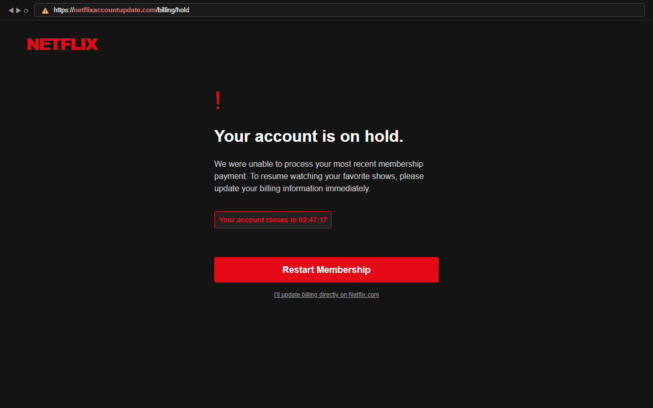 Spoofed Netflix subscription update page